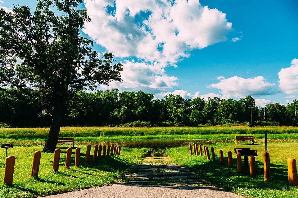 A grassy Big Fork River boat launch slopes down toward a narrow river channel under a bright summer sky.