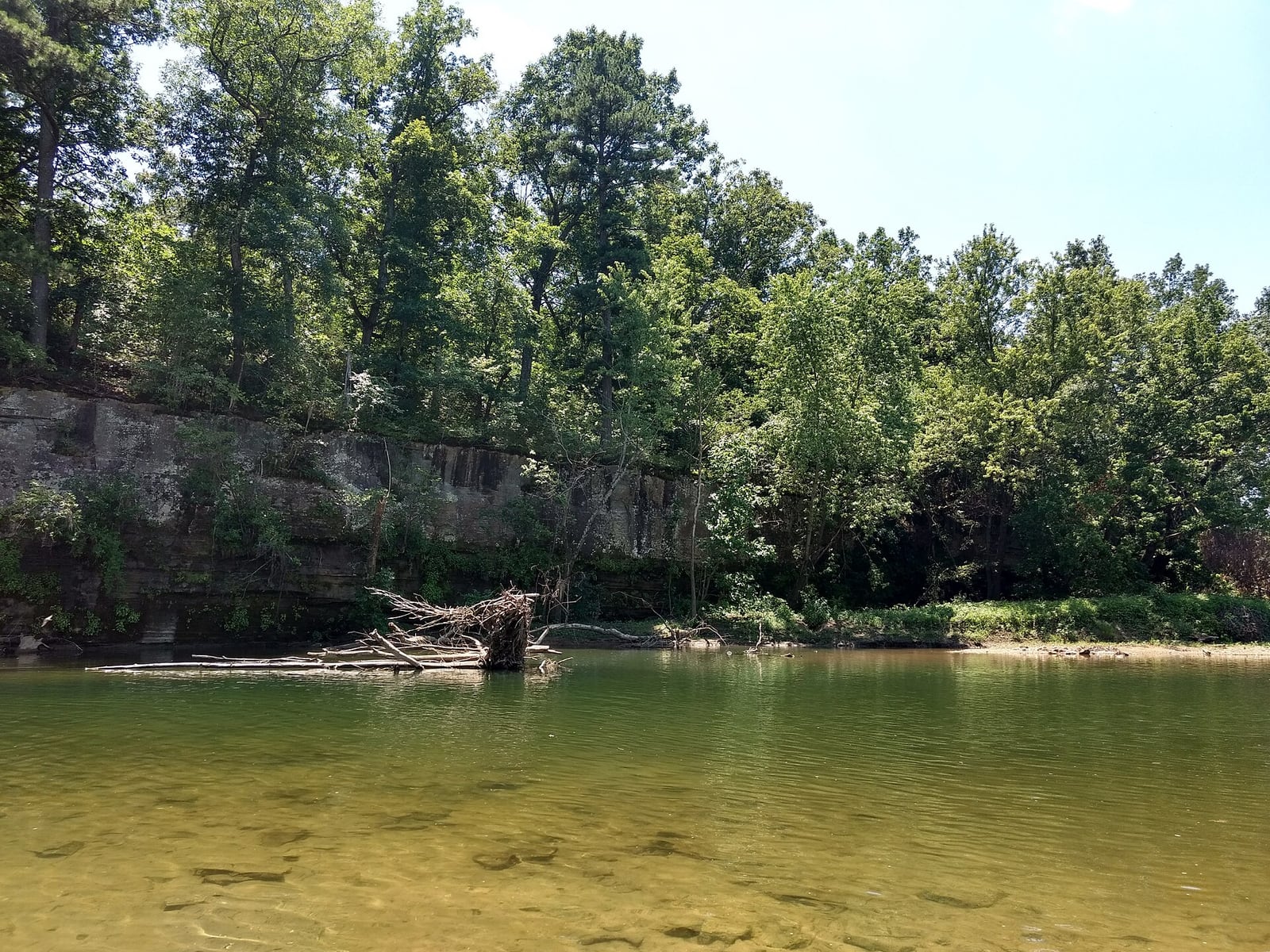 The Big Piney River flows through a green Missouri corridor with wooded banks and a shallow gravel edge.