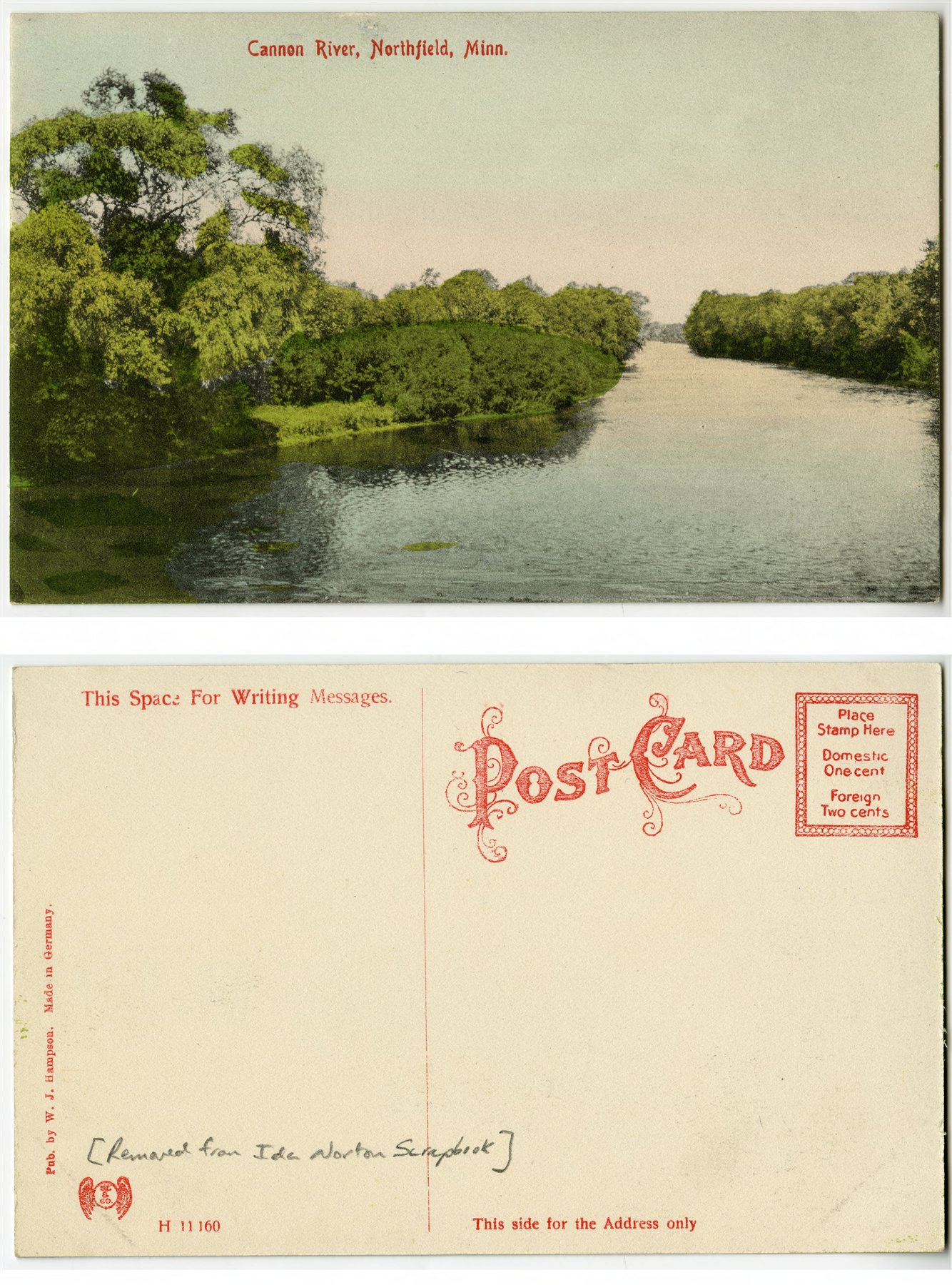 A historic view of the Cannon River near Northfield, Minnesota, with the river channel and wooded banks visible.