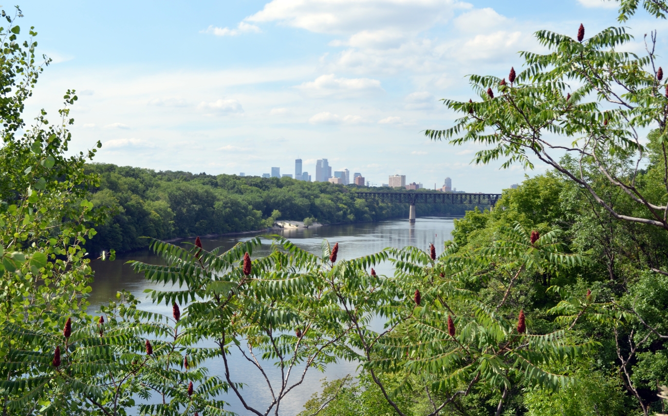 The Mississippi River curves through a wooded gorge with the Minneapolis skyline visible in the distance and a rail bridge crossing the river.