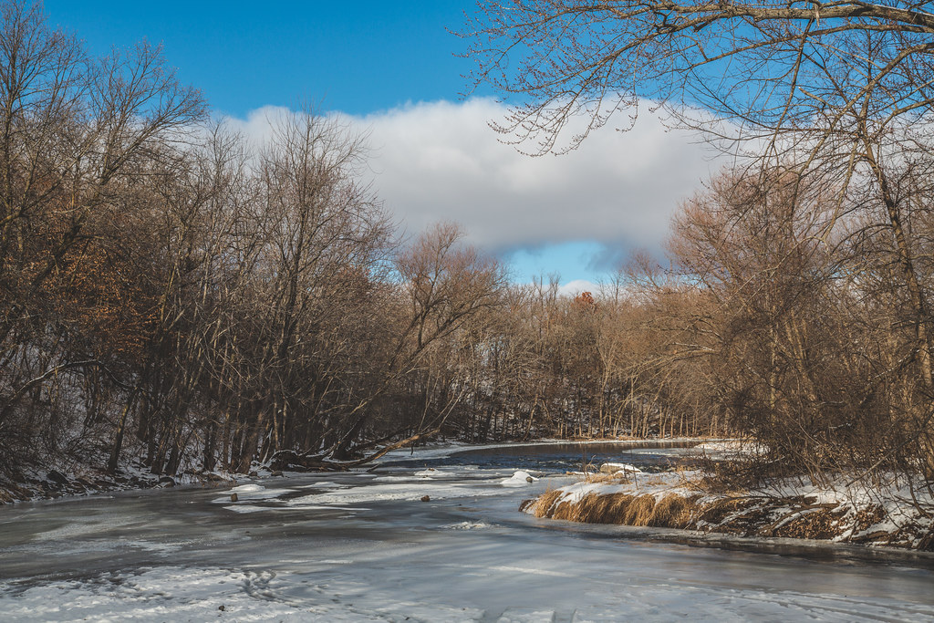 The Sauk River winds through a wooded winter corridor with ice along the banks and bright clouds overhead.