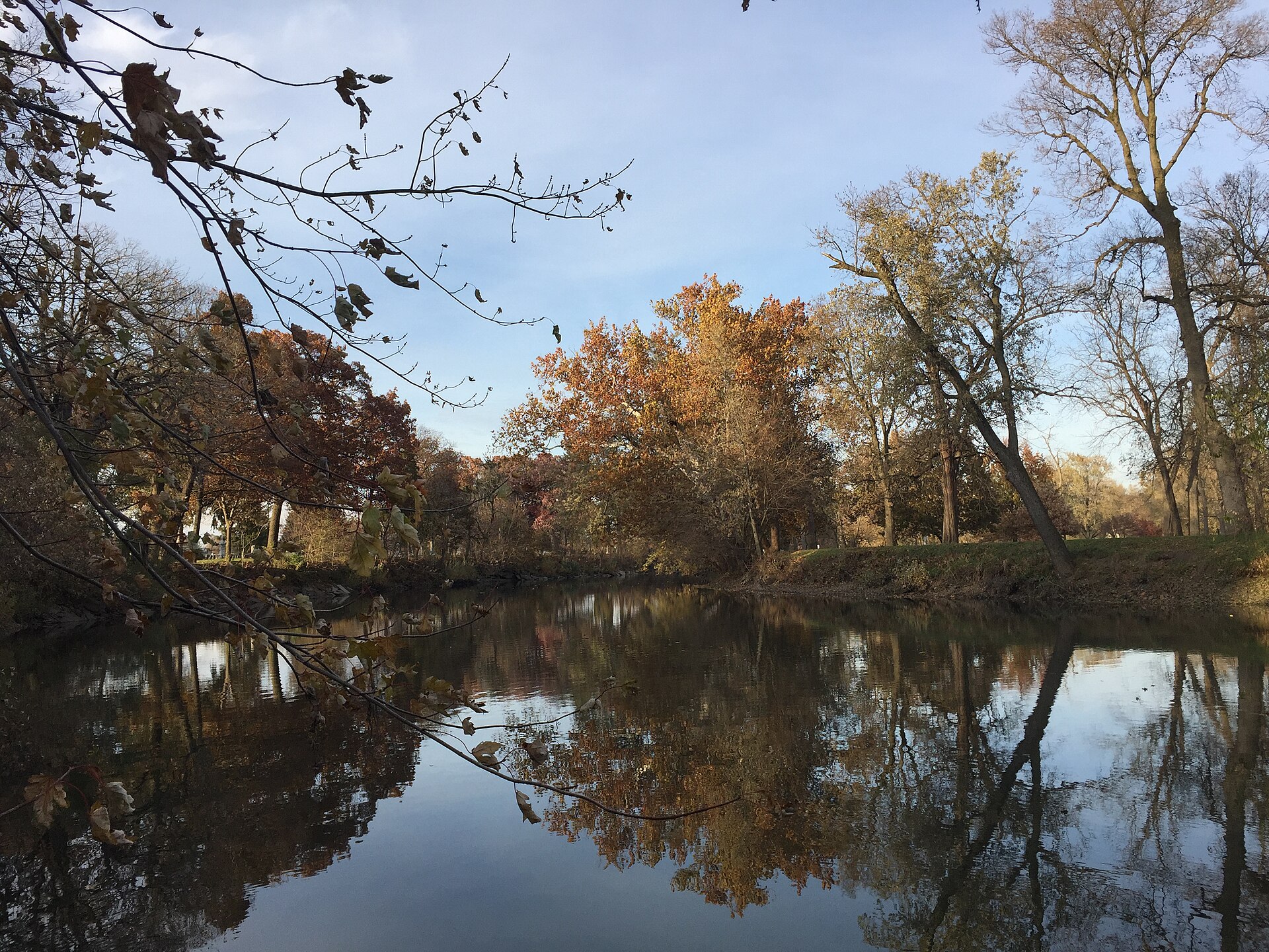 The Vermilion River reflects autumn trees and a pale sky along a wooded Illinois riverbank.