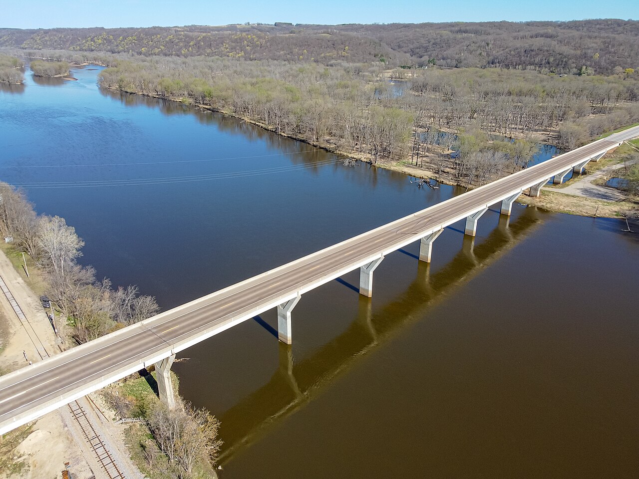 The Bridgeport bridge crosses the broad lower Wisconsin River near its final miles before the Mississippi.