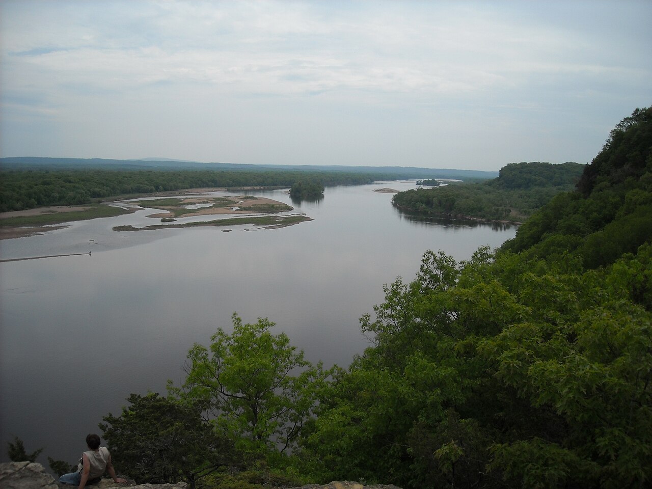 The Wisconsin River winds through a wide sandy valley below Ferry Bluff near Sauk City.